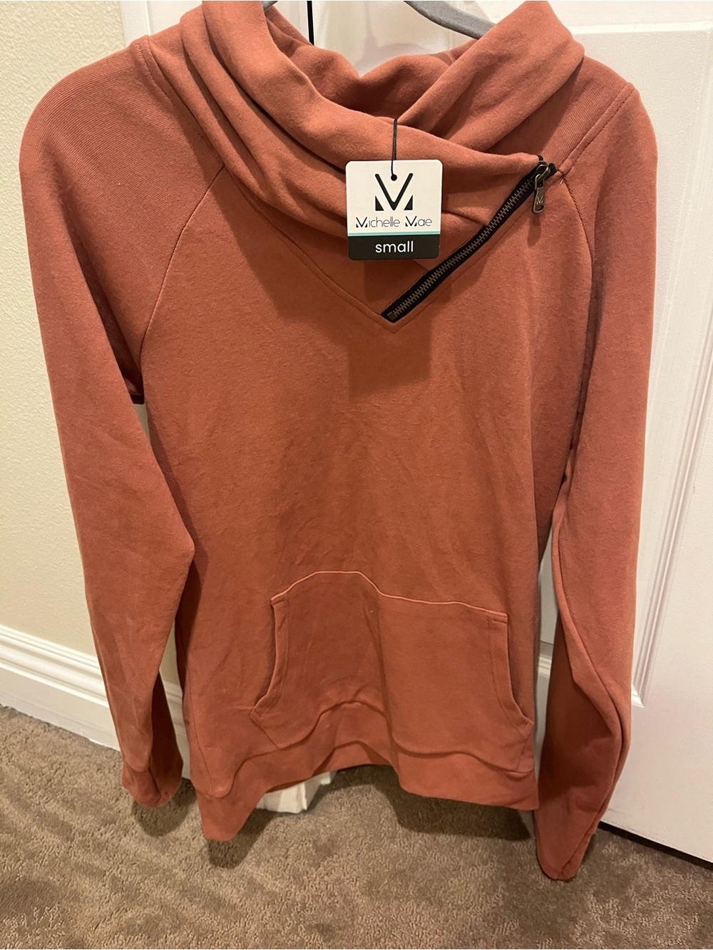 Michelle Mae Rust Cowl Neck Pullover with Zipper Detail